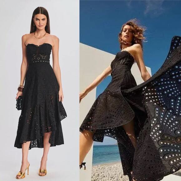 Charo Ruiz Aurora Strapless Midi Dress Eyelet Lace Corset Top Black Size Large - Picture 1 of 9